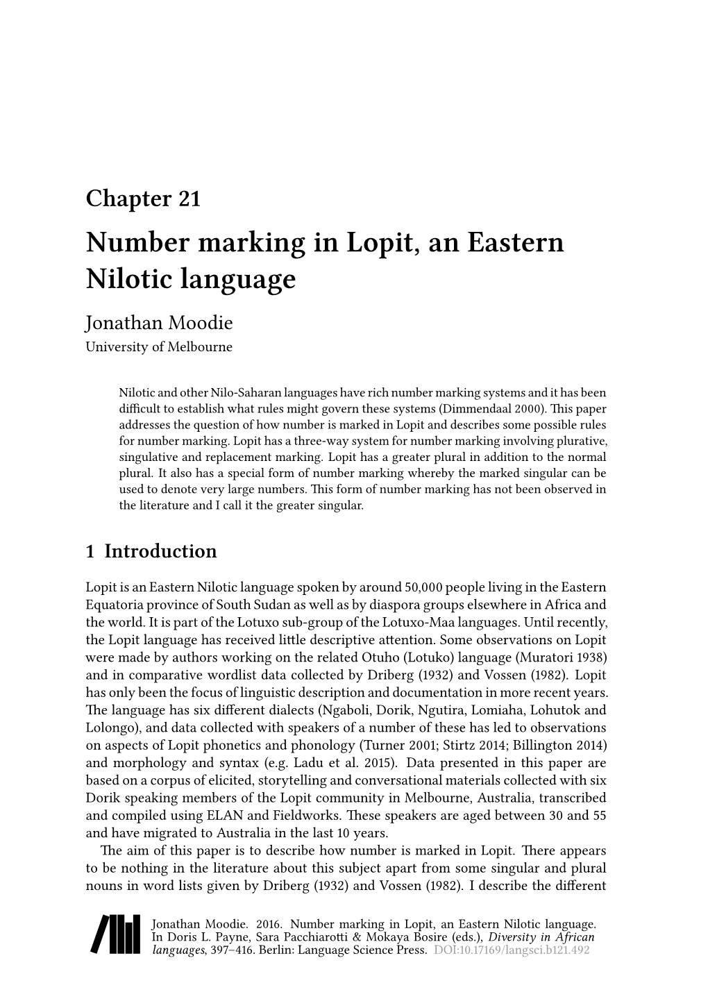 Number Marking in Lopit, an Eastern Nilotic Language Jonathan Moodie University of Melbourne