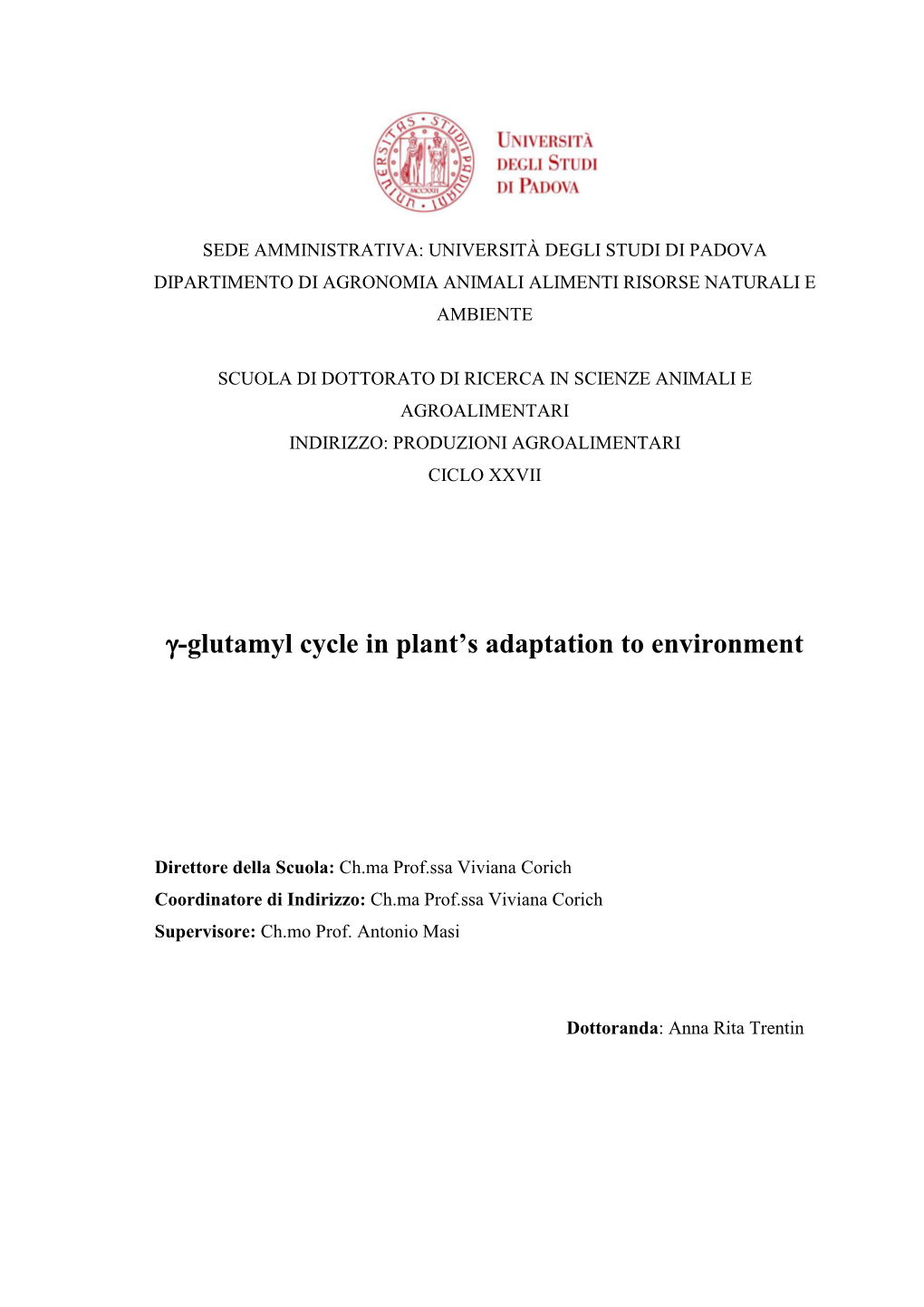 Γ-Glutamyl Cycle in Plant's Adaptation to Environment