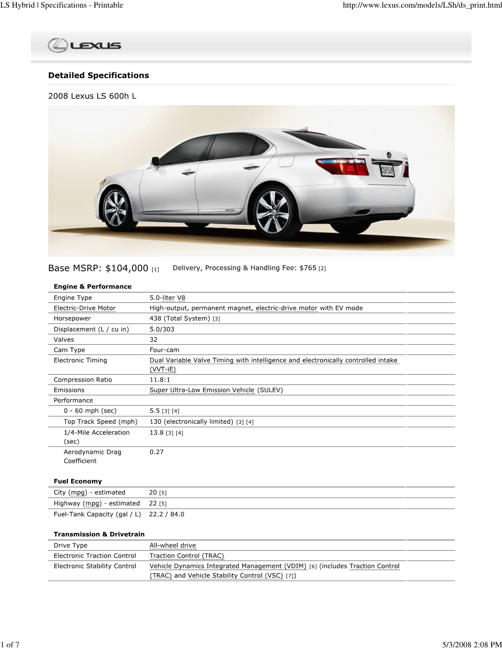 LS Hybrid | Specifications - Printable