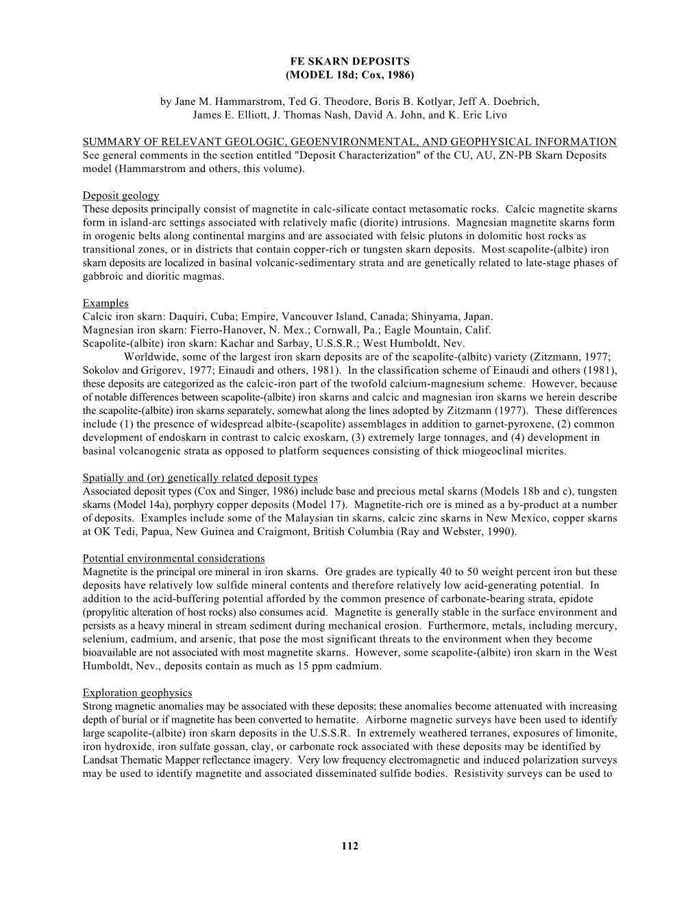 FE SKARN DEPOSITS (MODEL 18D; Cox, 1986)