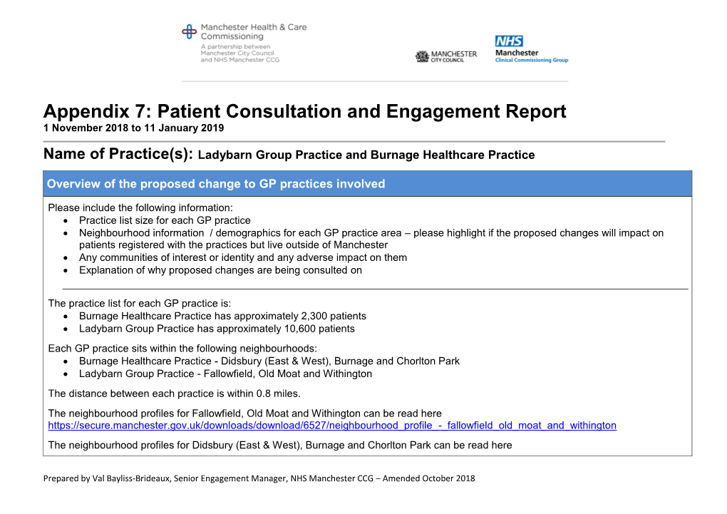 Appendix 7: Patient Consultation and Engagement Report 1 November 2018 to 11 January 2019