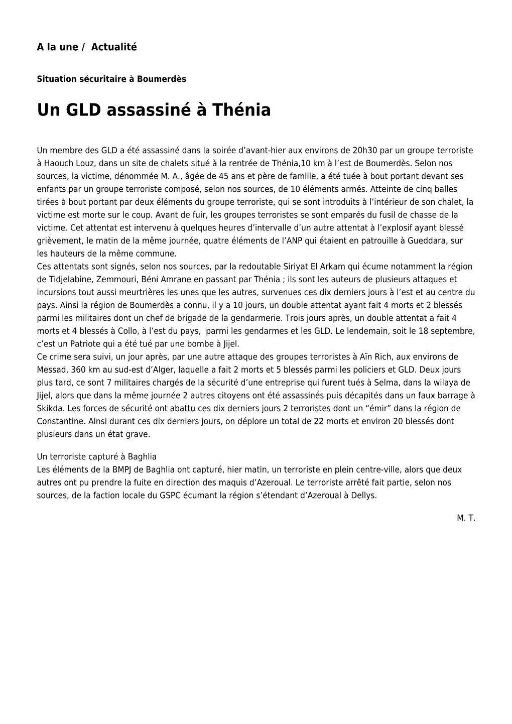 Un GLD Assassiné À Thénia