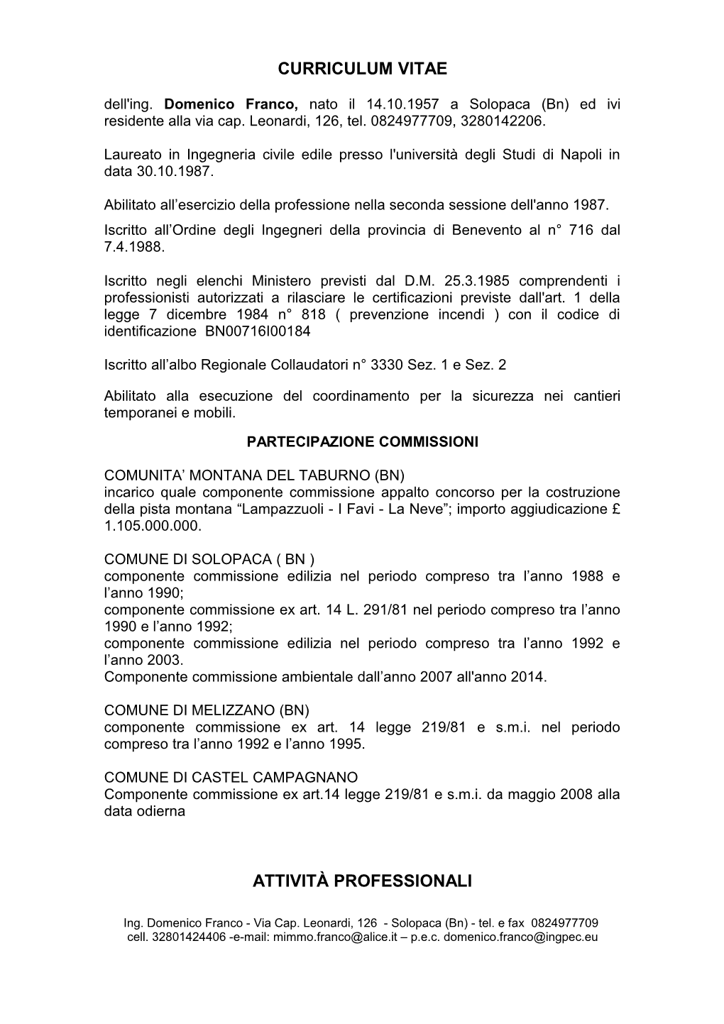 Curriculum Vitae Attività Professionali