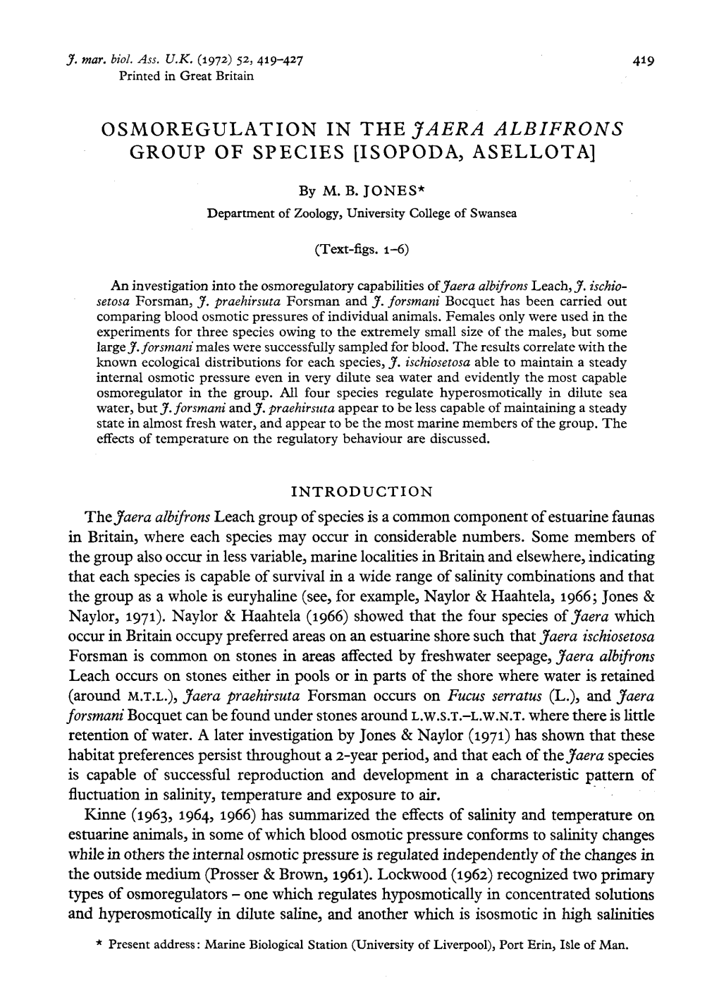 Osmoregulation in the Jaera Albifrons Group of Species [Isopoda, Asellota]