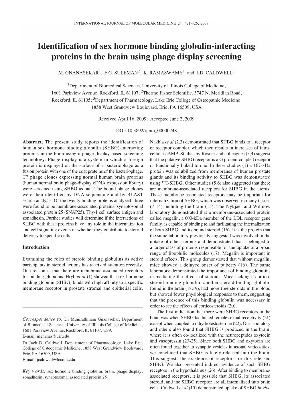 Identification of Sex Hormone Binding Globulin-Interacting Proteins in the Brain Using Phage Display Screening