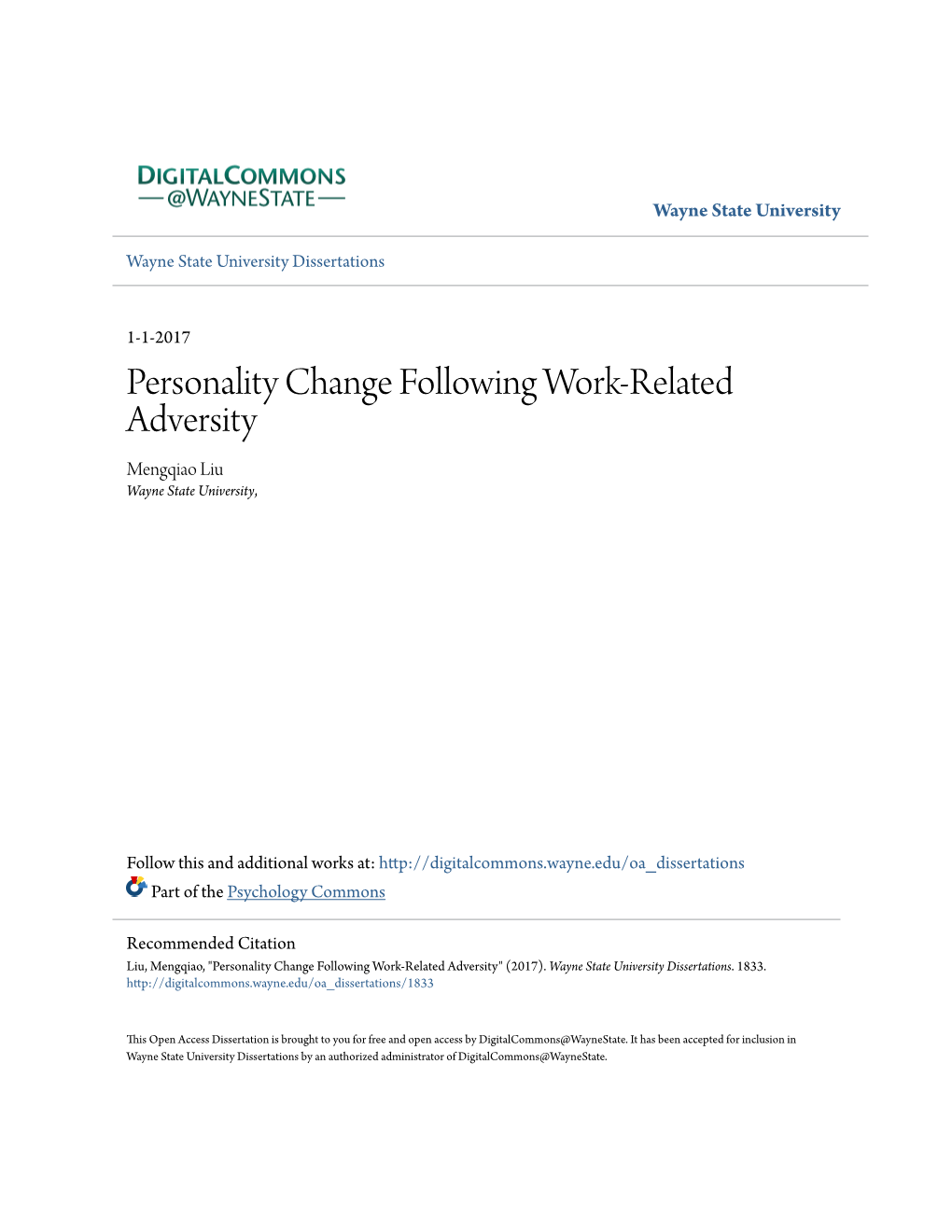 Personality Change Following Work-Related Adversity Mengqiao Liu Wayne State University