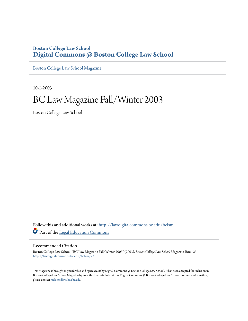 BC Law Magazine Fall/Winter 2003 Boston College Law School