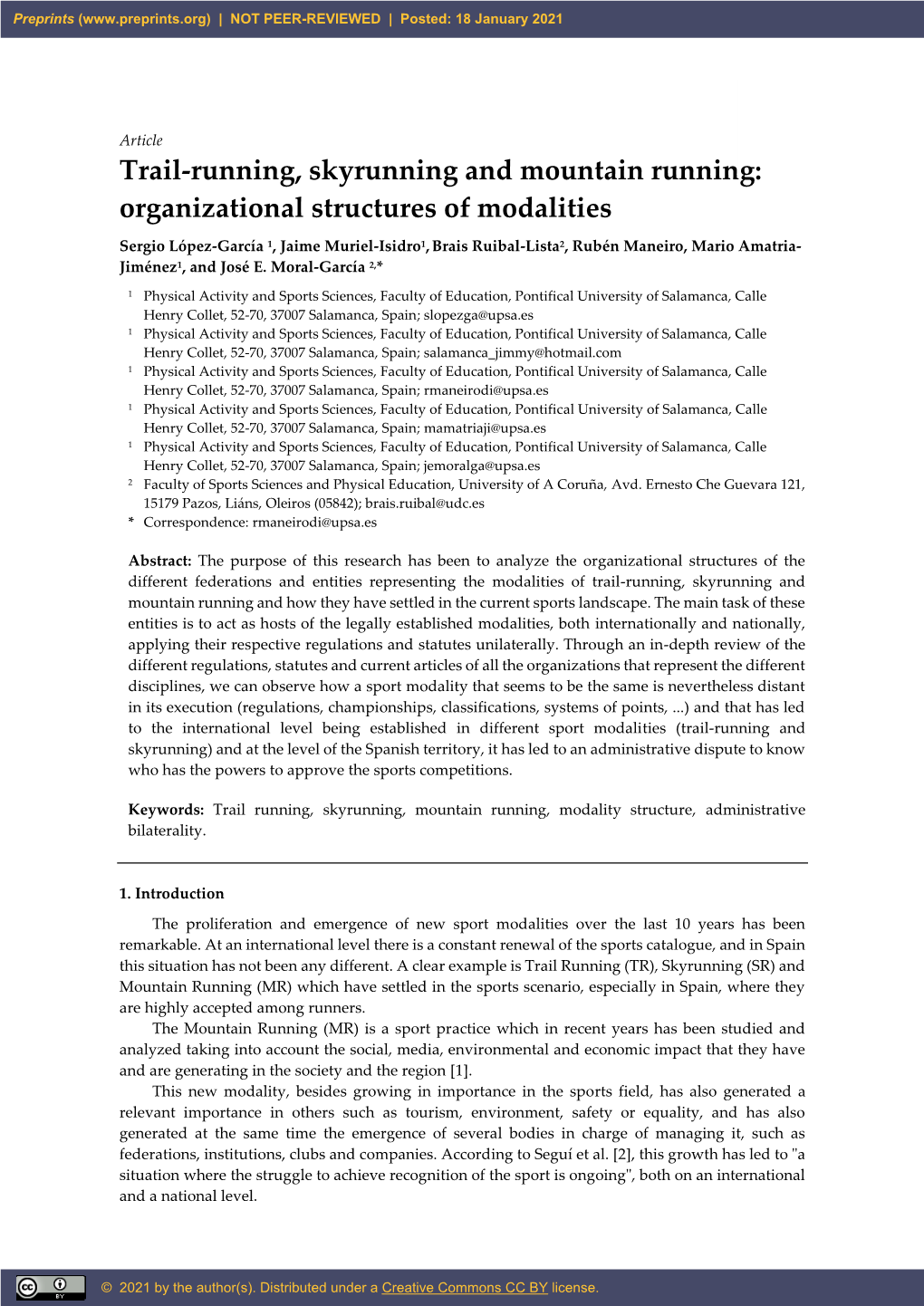 Trail-Running, Skyrunning and Mountain Running: Organizational Structures of Modalities