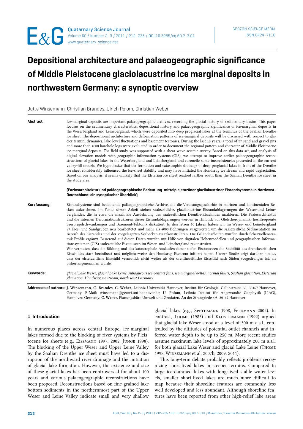 Depositional Architecture and Palaeogeographic Significance of Middle Pleistocene Glaciolacustrine Ice Marginal Deposits in Northwestern Germany: a Synoptic Overview