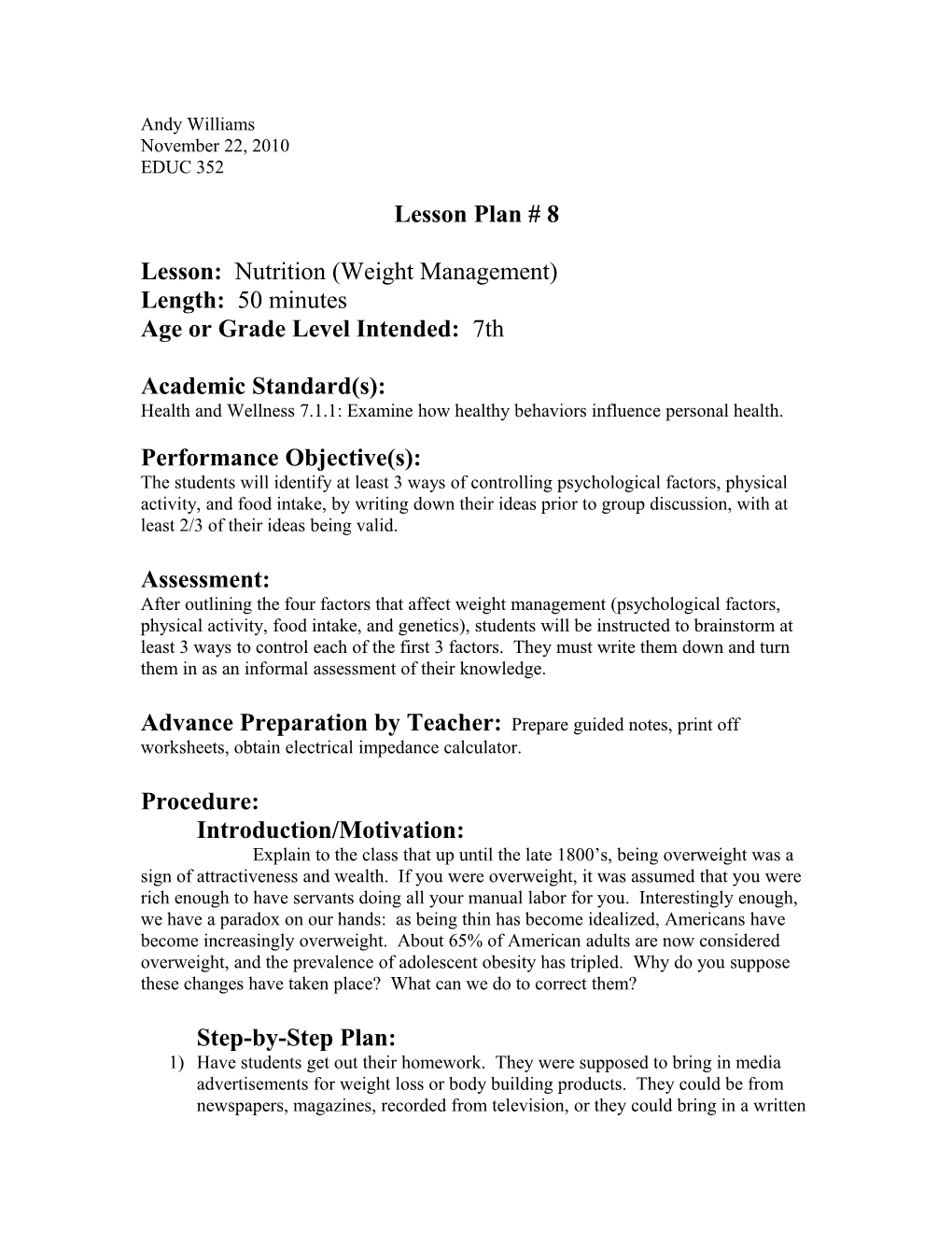 Lesson: Nutrition (Weight Management)