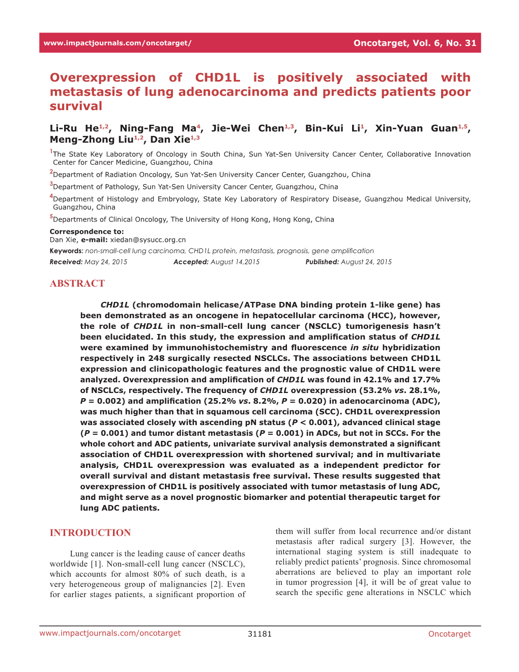 Overexpression of CHD1L Is Positively Associated with Metastasis of Lung Adenocarcinoma and Predicts Patients Poor Survival