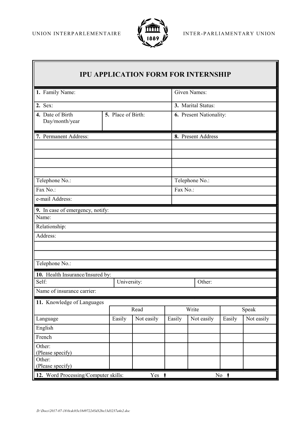 Ipu Application Form for Internship