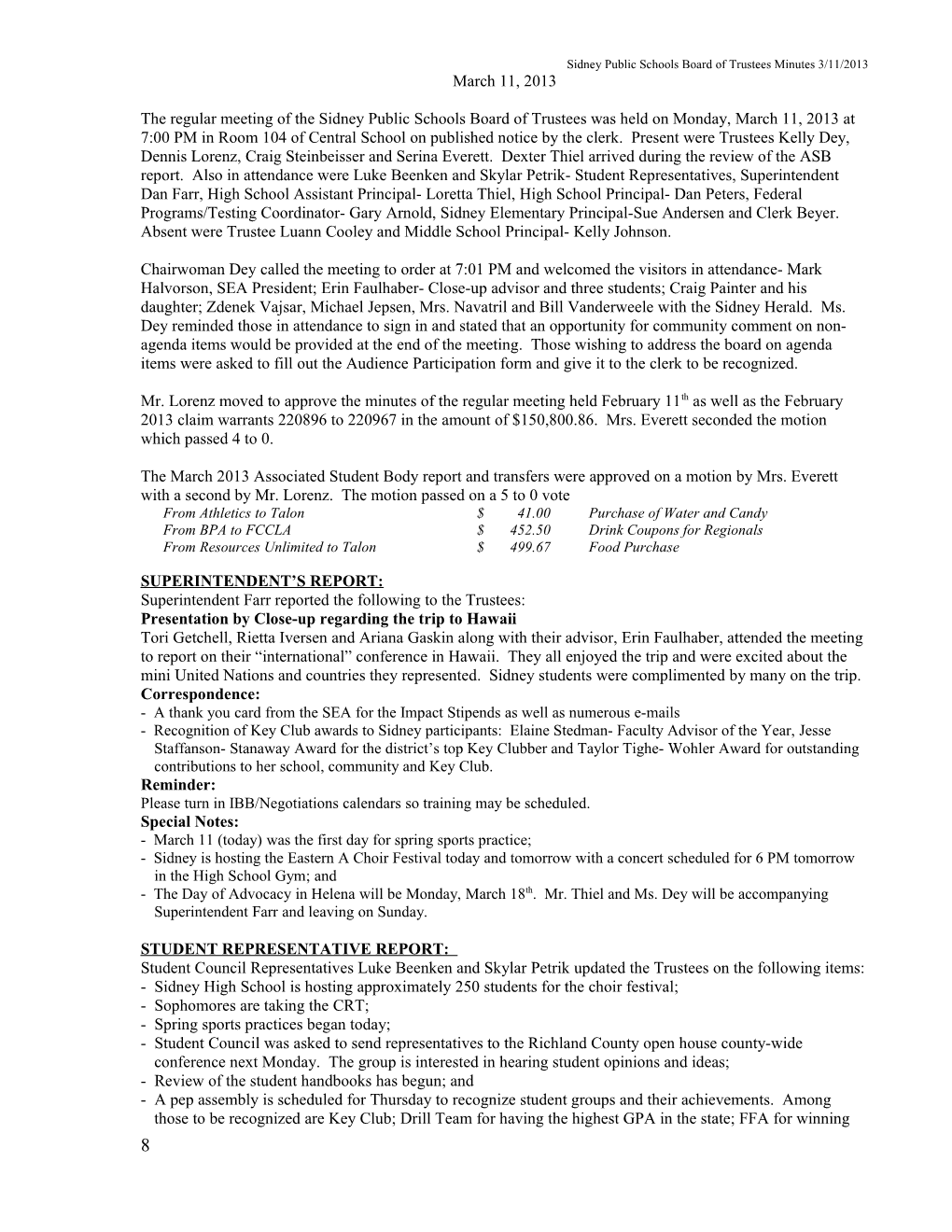 Sidney Public Schools Board of Trustees Minutes 3/11/2013