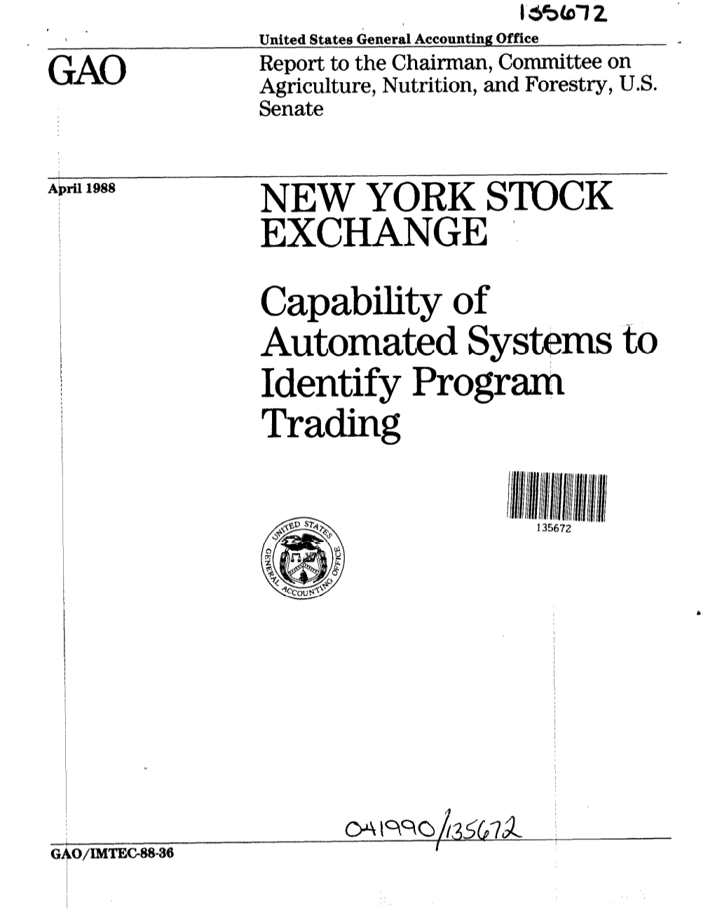 IMTEC-88-36 New York Stock Exchange: Capability of Automated Systems to Identify Program Trading