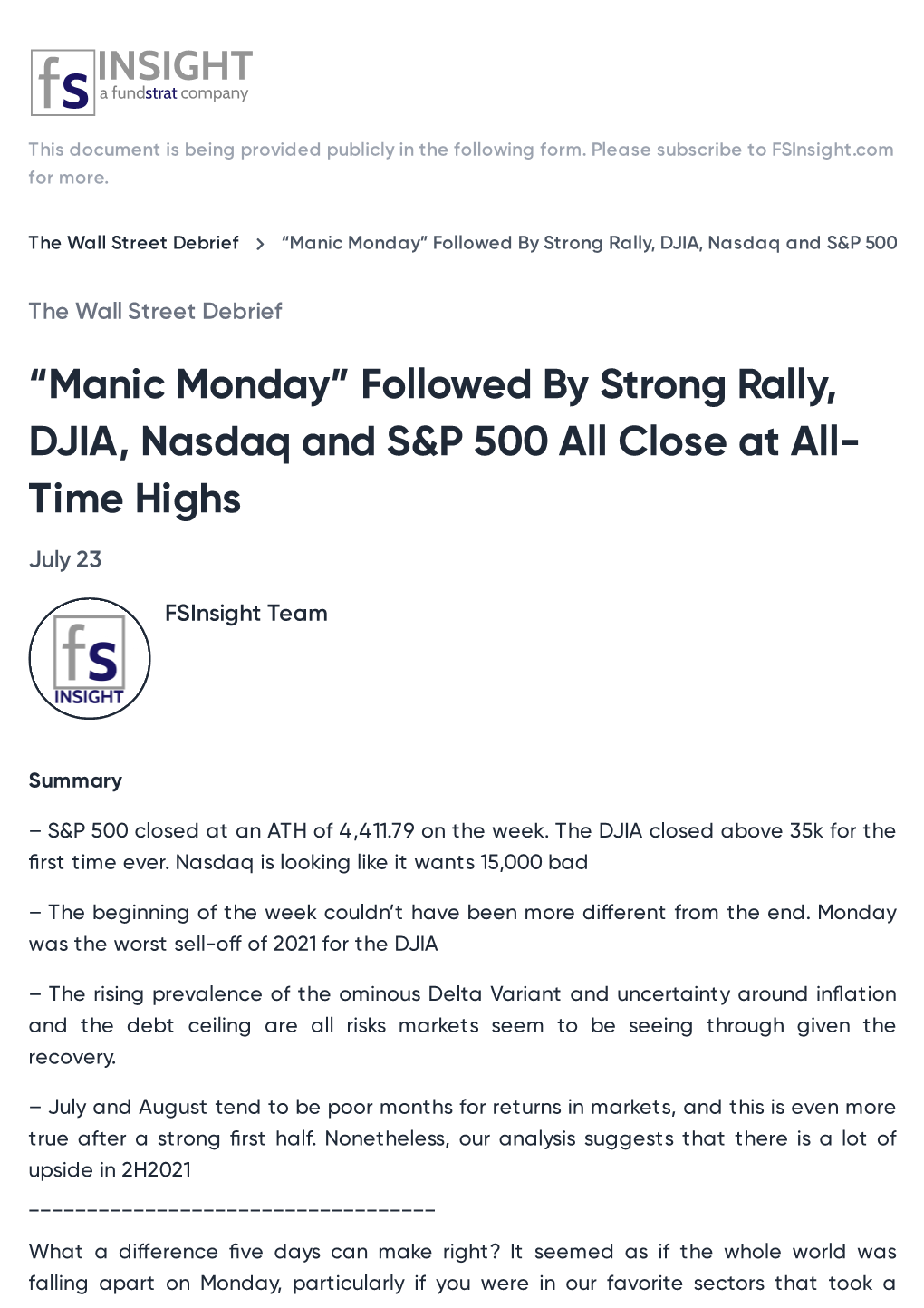 Manic Monday” Followed by Strong Rally, DJIA, Nasdaq and S&P 500