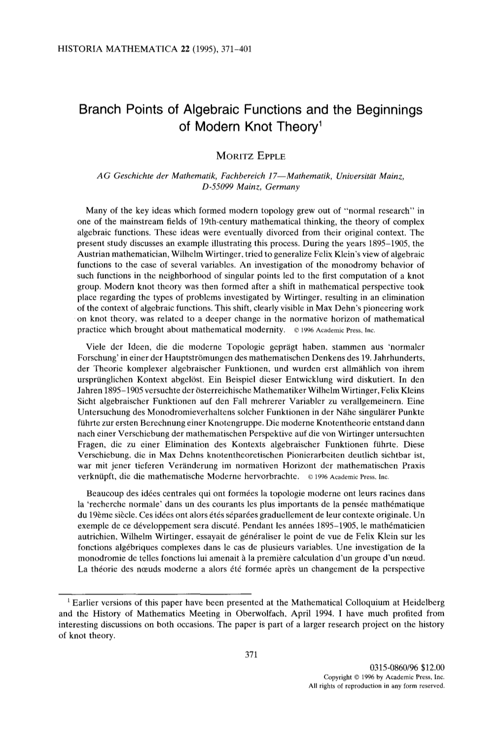 Branch Points of Algebraic Functions and the Beginnings of Modern Knot Theory 1