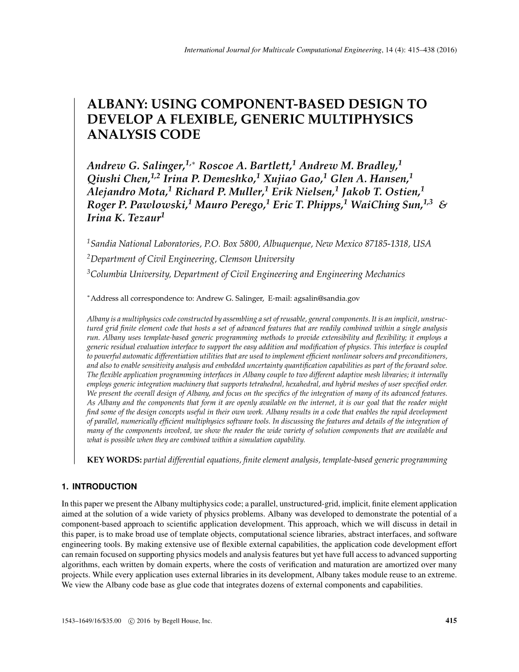 Albany: Using Component-Based Design to Develop a Flexible, Generic Multiphysics Analysis Code