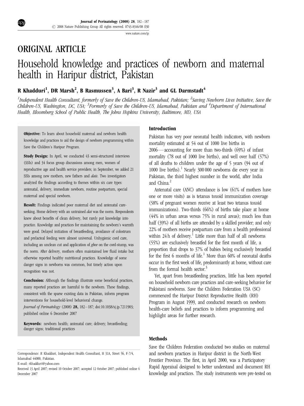 Household Knowledge and Practices of Newborn and Maternal Health in Haripur District, Pakistan