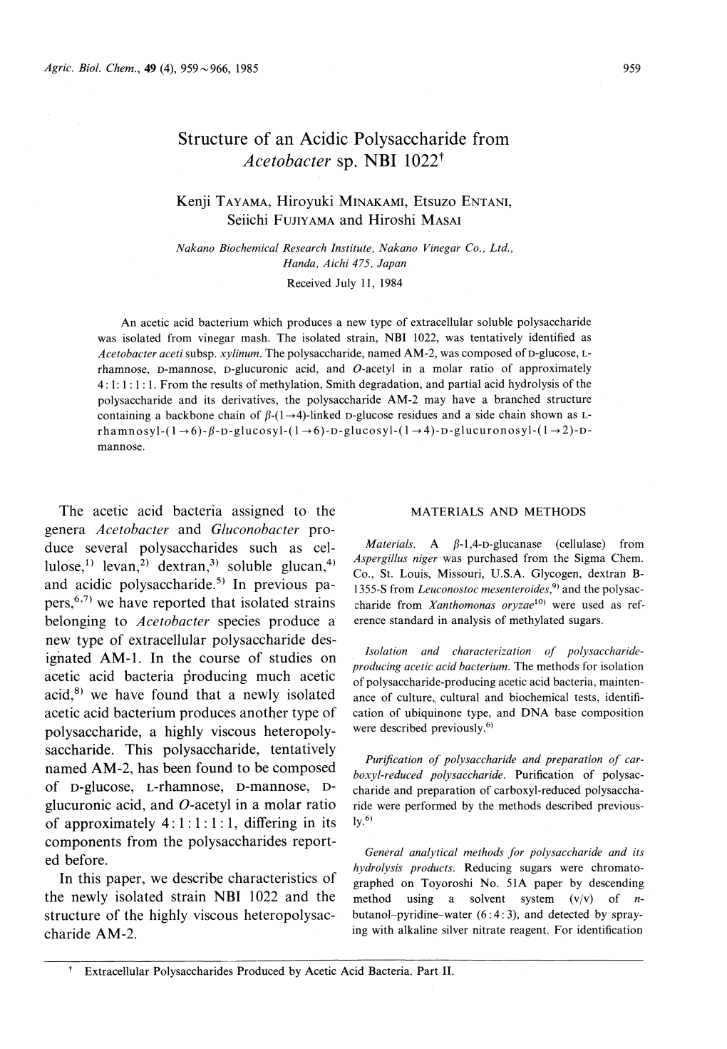 Structure of an Acidic Polysaccharide from Acetobacter Sp