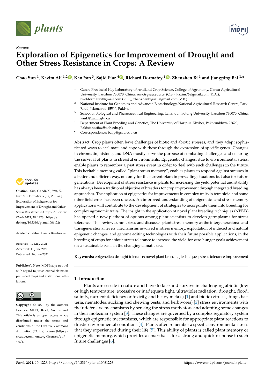 Exploration of Epigenetics for Improvement of Drought and Other Stress Resistance in Crops: a Review