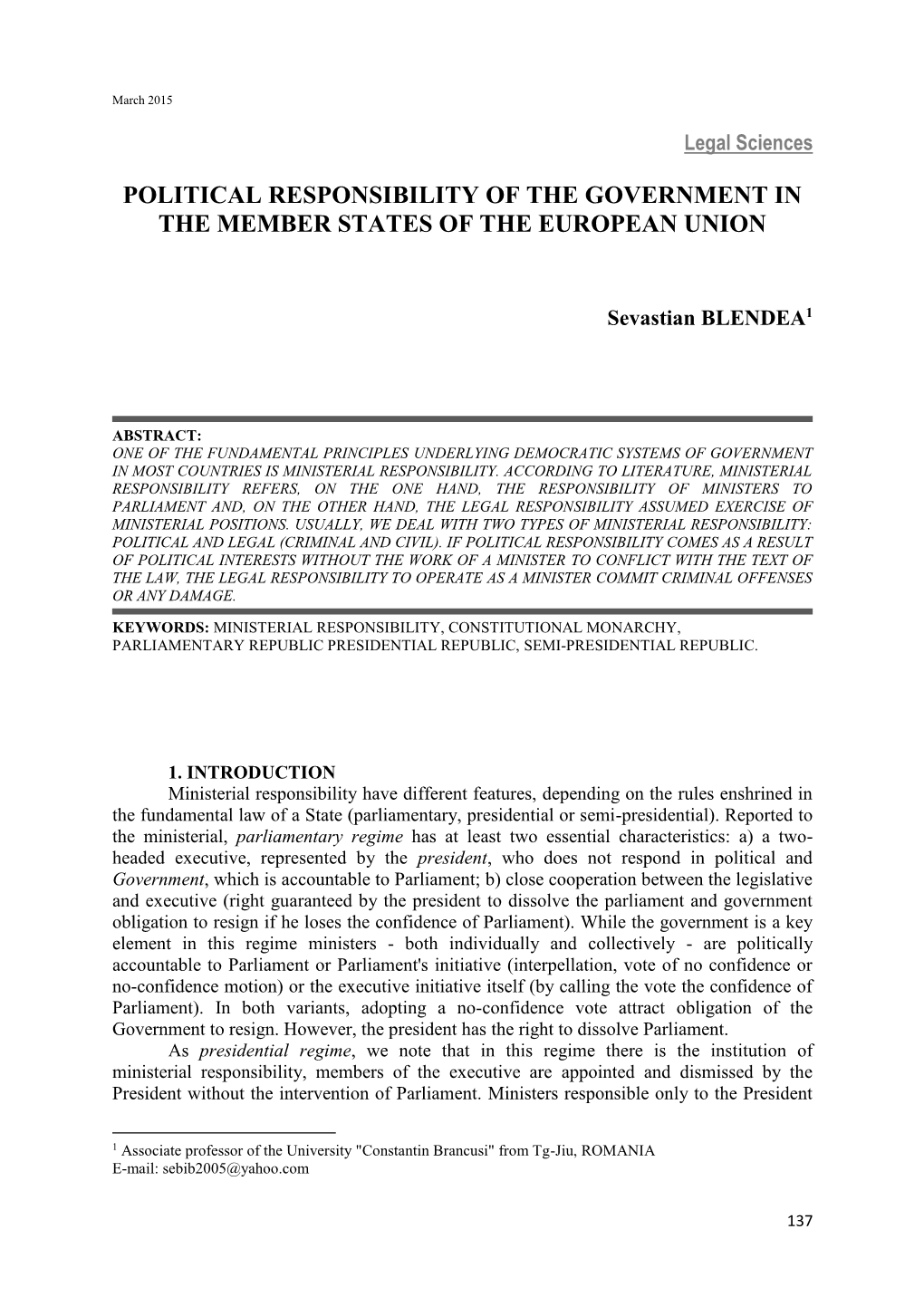 Political Responsibility of the Government in the Member States of the European Union
