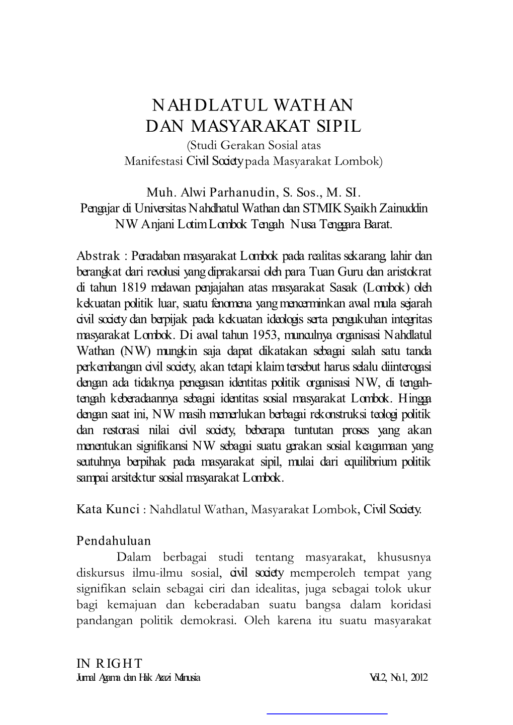 NAHDLATUL WATHAN DAN MASYARAKAT SIPIL (Studi Gerakan Sosial Atas Manifestasi Civil Society Pada Masyarakat Lombok)