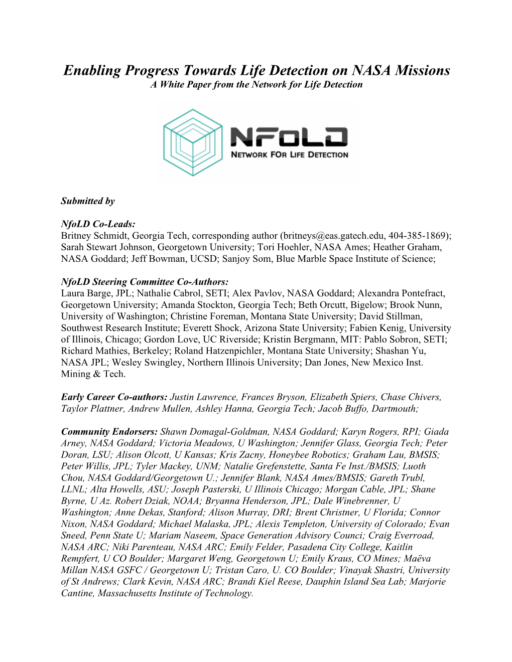 Enabling Progress Towards Life Detection on NASA Missions a White Paper from the Network for Life Detection