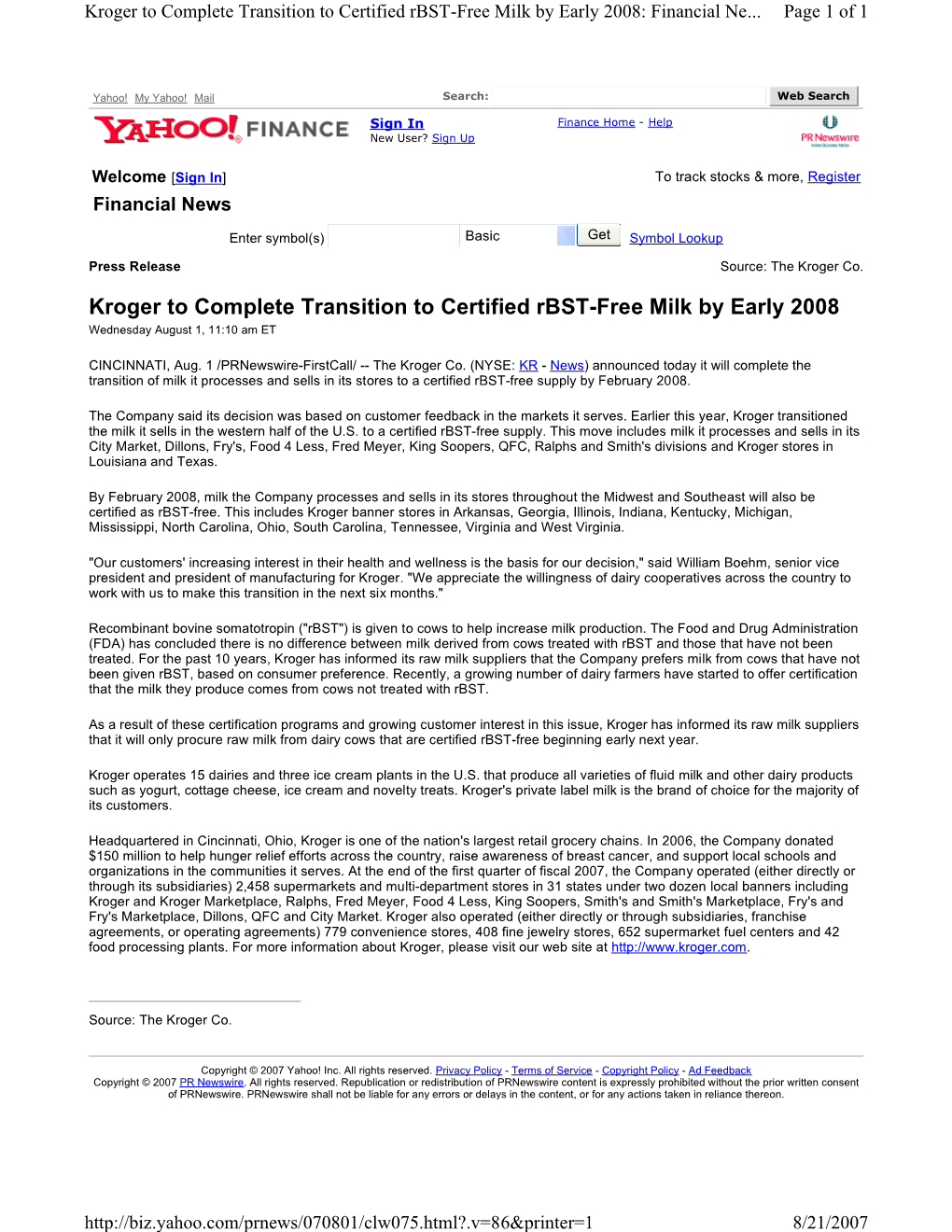 Kroger to Complete Transition to Certified Rbst-Free Milk by Early 2008 Wednesday August 1, 11:10 Am ET