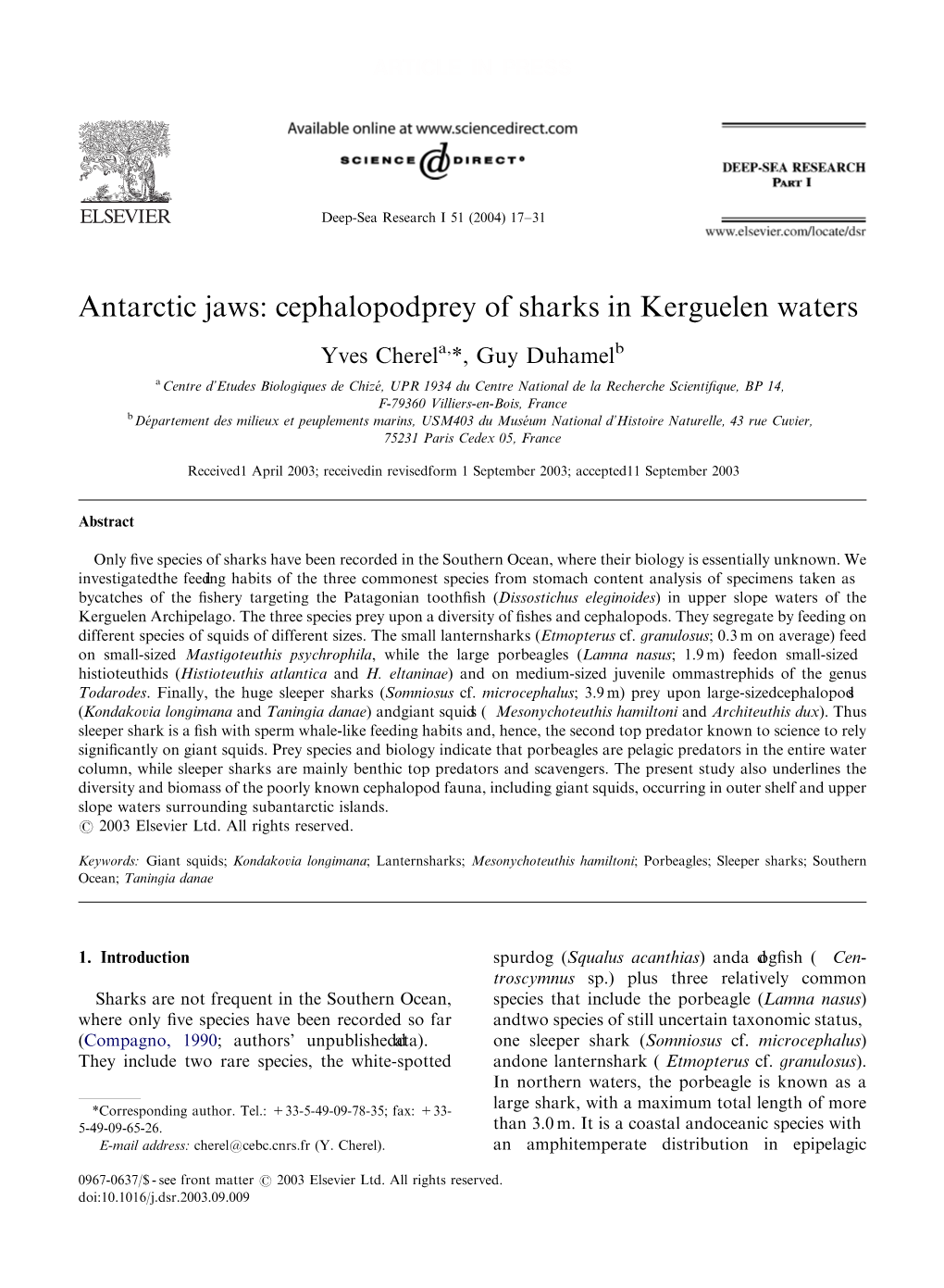 Antarctic Jaws: Cephalopod Prey of Sharks in Kerguelen Waters