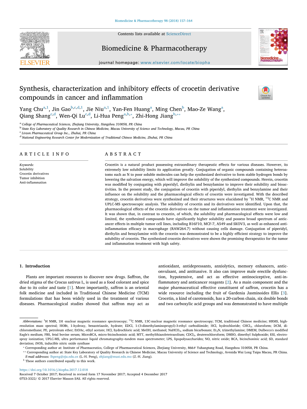 Synthesis, Characterization and Inhibitory Effects of Crocetin