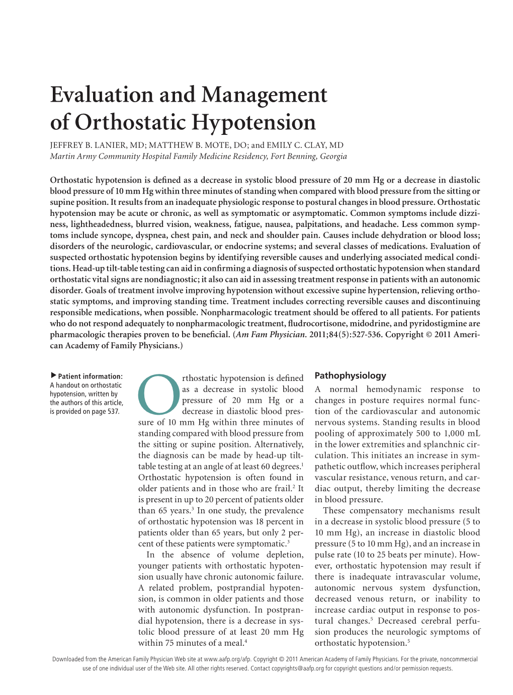 Evaluation and Management of Orthostatic Hypotension JEFFREY B