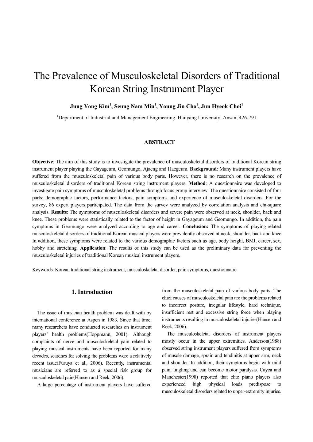 The Prevalence of Musculoskeletal Disorders of Traditional Korean String Instrument Player