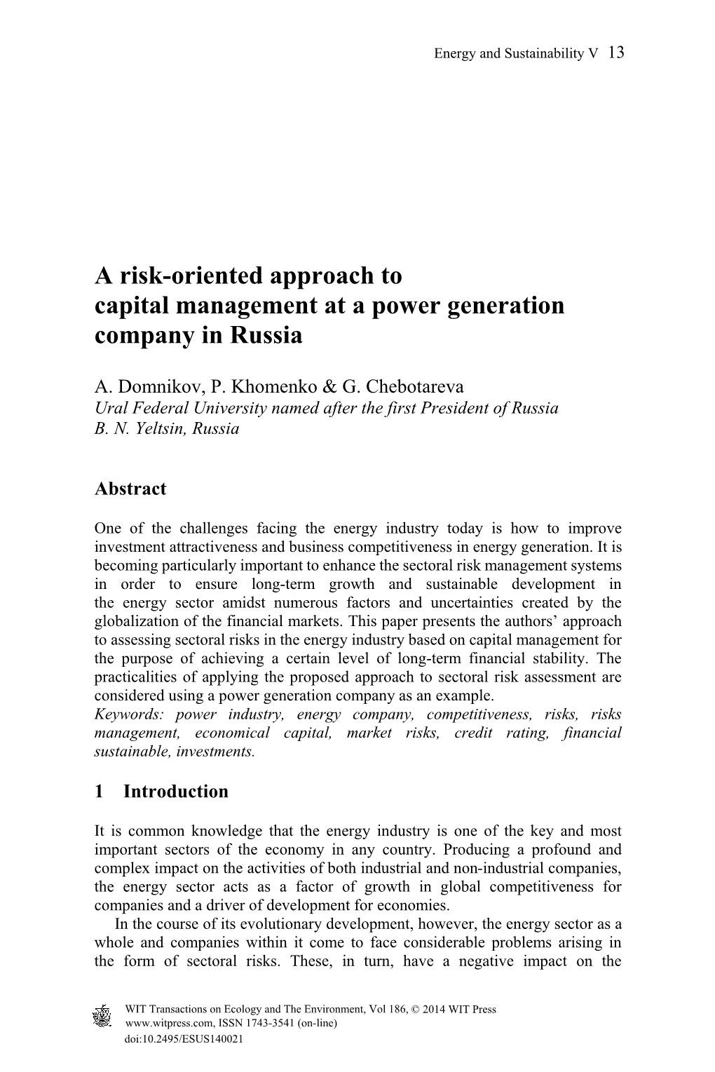 A Risk-Oriented Approach to Capital Management at a Power Generation Company in Russia