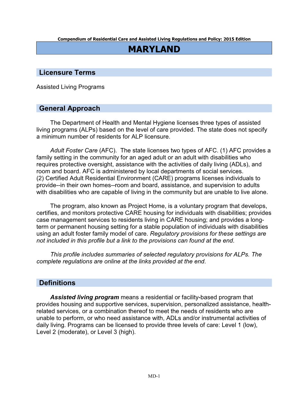 Residential Care/Assisted Living Compendium: Maryland