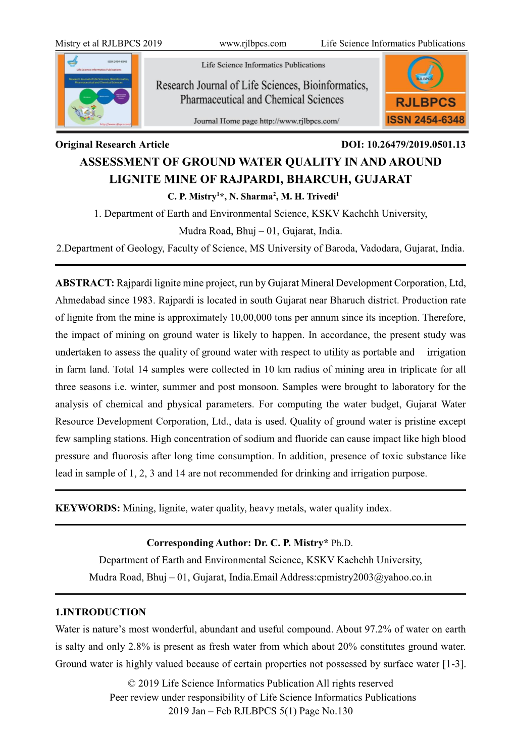 Assessment of Ground Water Quality in and Around Lignite Mine of Rajpardi, Bharcuh, Gujarat C