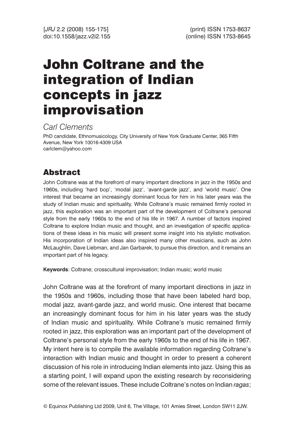 John Coltrane and the Integration of Indian Concepts in Jazz Improvisation