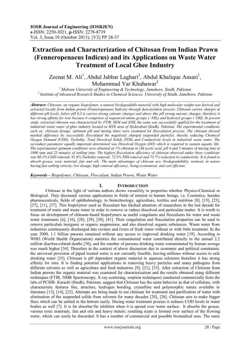 Extraction and Characterization of Chitosan from Indian Prawn (Fenneropenaeus Indicus) and Its Applications on Waste Water Treatment of Local Ghee Industry