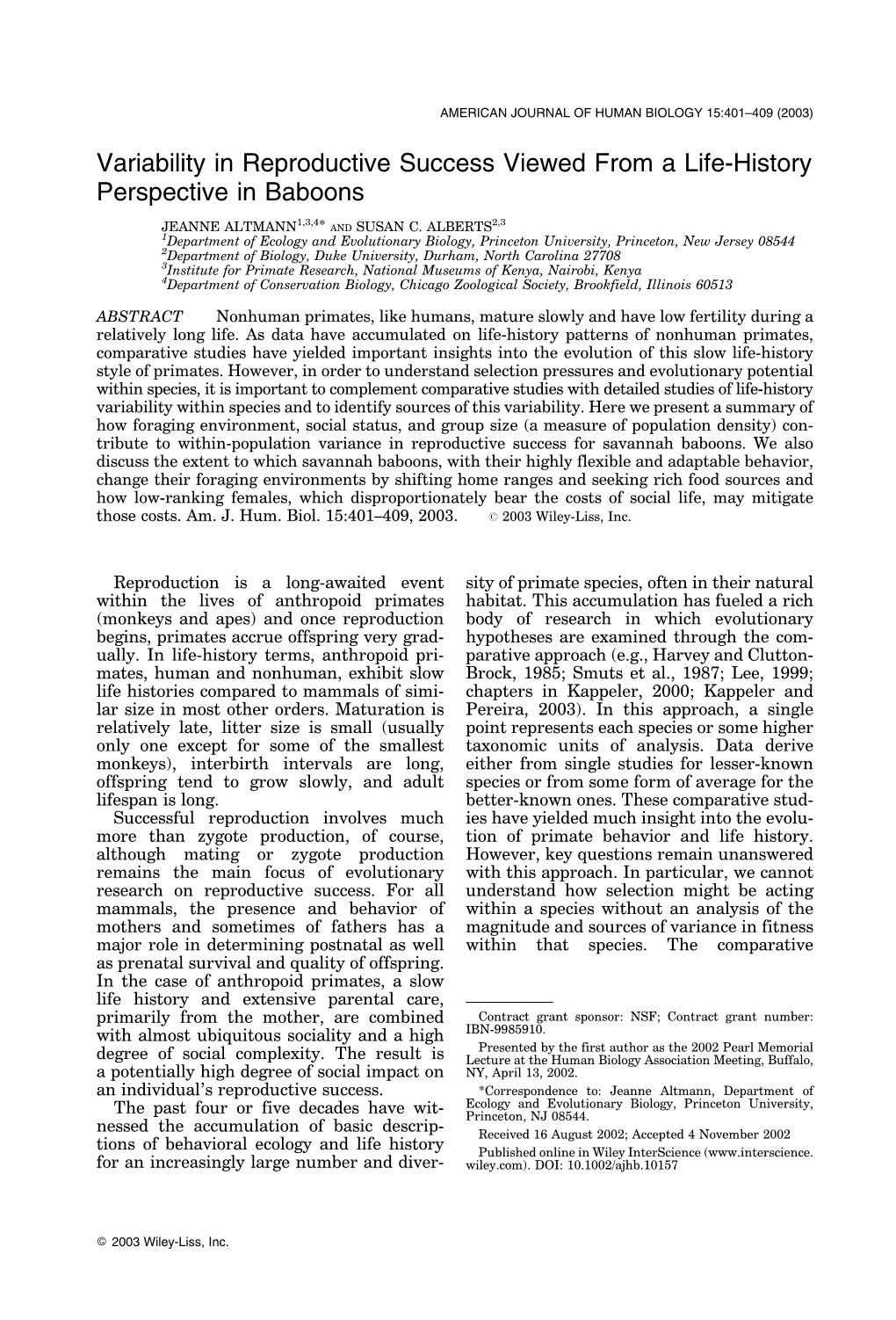 Variability in Reproductive Success Viewed from a Life-History Perspective in Baboons