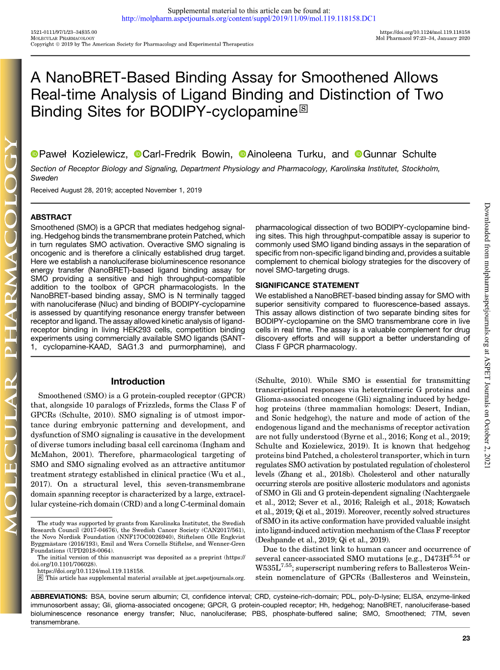 A Nanobret-Based Binding Assay for Smoothened Allows Real-Time Analysis of Ligand Binding and Distinction of Two Binding Sites for BODIPY-Cyclopamine S