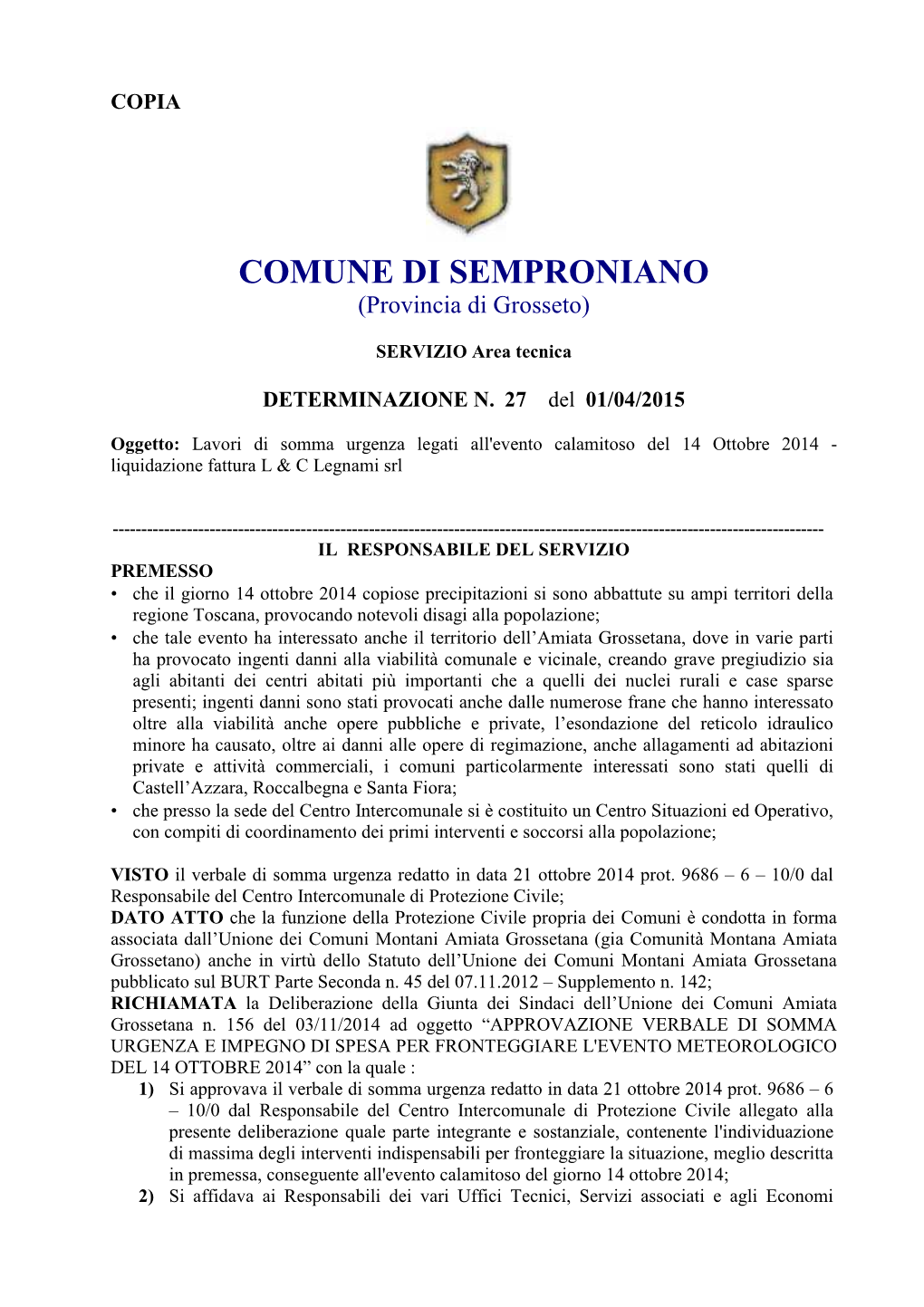 COMUNE DI SEMPRONIANO (Provincia Di Grosseto)