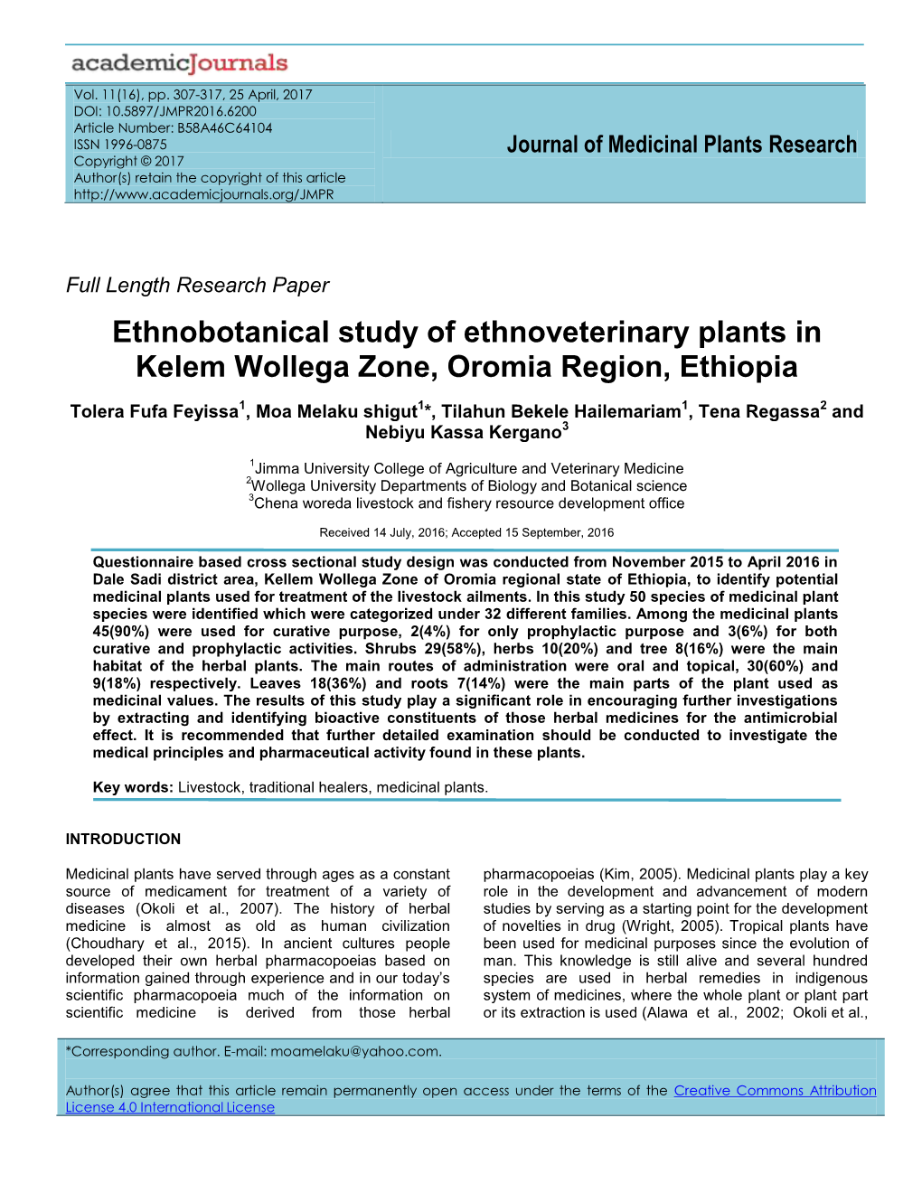 Ethnobotanical Study of Ethnoveterinary Plants in Kelem Wollega Zone, Oromia Region, Ethiopia