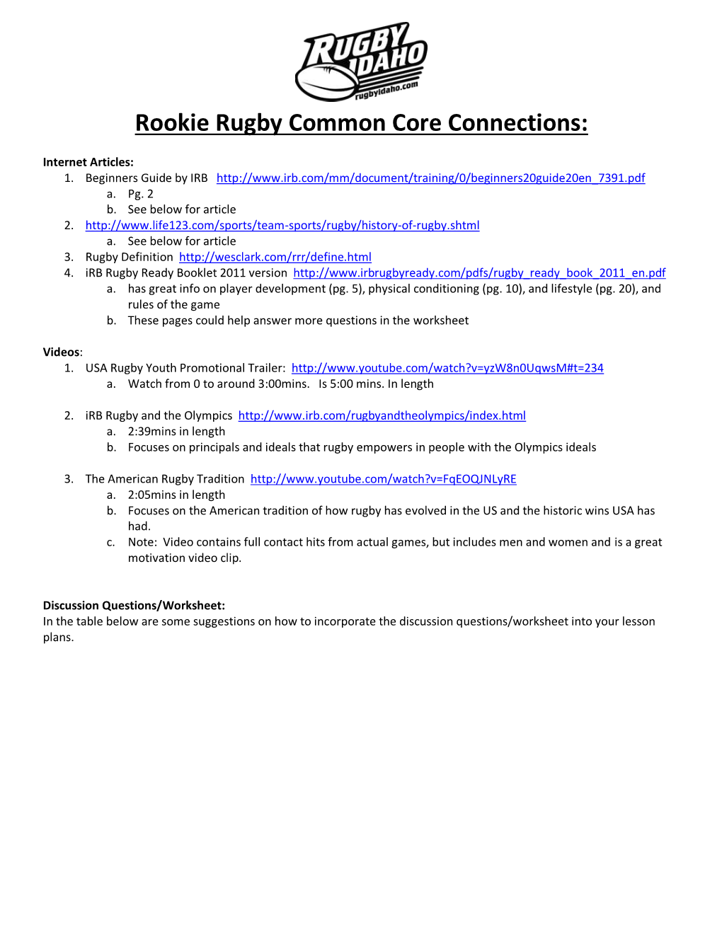 Rookie Rugby Common Core Connections