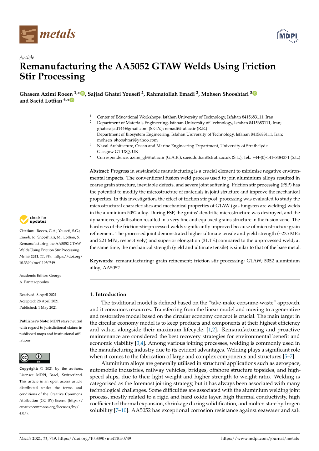 Remanufacturing the AA5052 GTAW Welds Using Friction Stir Processing