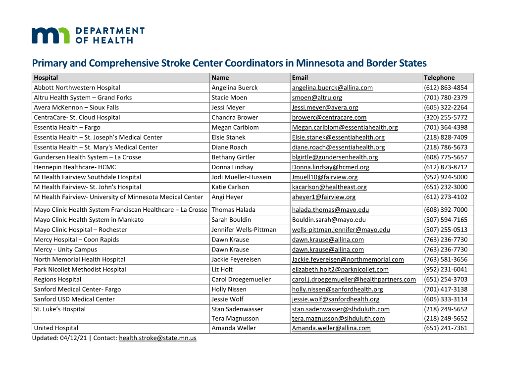 Primary and Comprehensive Stroke Center Coordinator List (PDF)