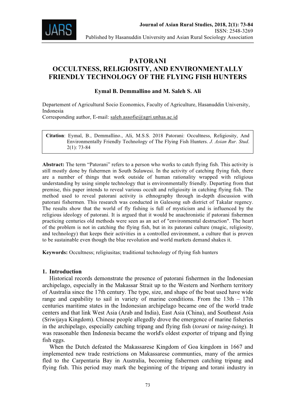 Patorani Occultness, Religiosity, and Environmentally Friendly Technology of the Flying Fish Hunters