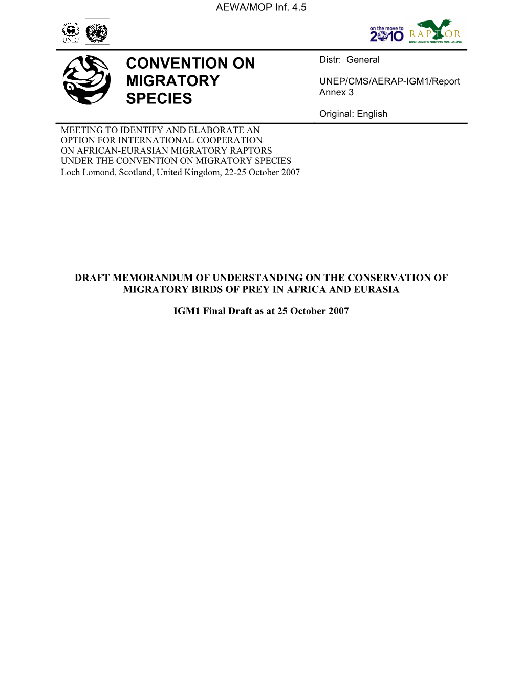 CONVENTION on MIGRATORY SPECIES Loch Lomond, Scotland, United Kingdom, 22-25 October 2007