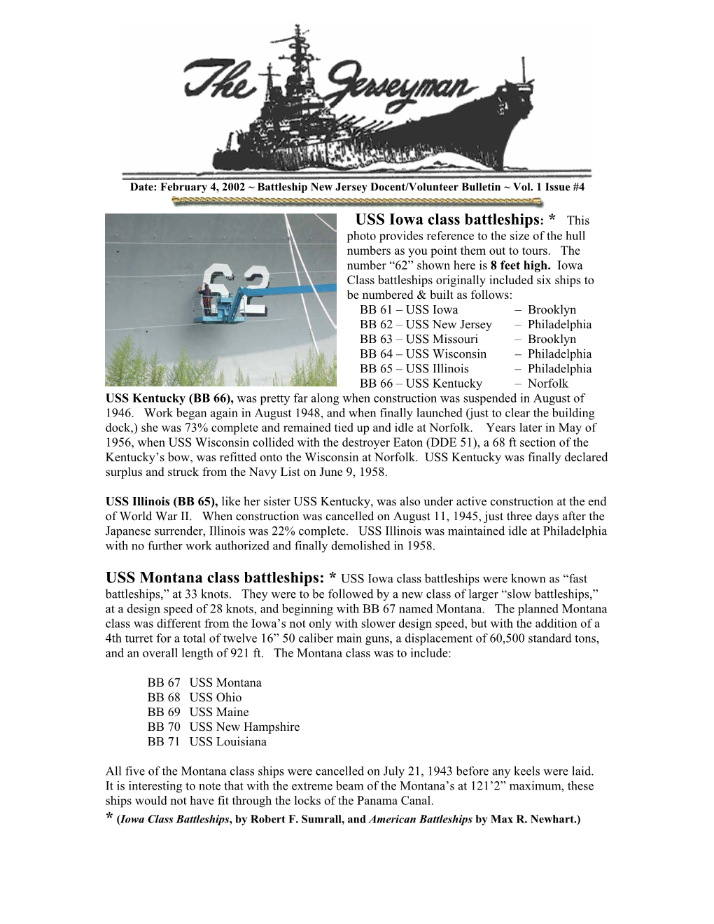 January 28, 2002 ~ Battleship New Jersey Docent/Volunteer Bulletin