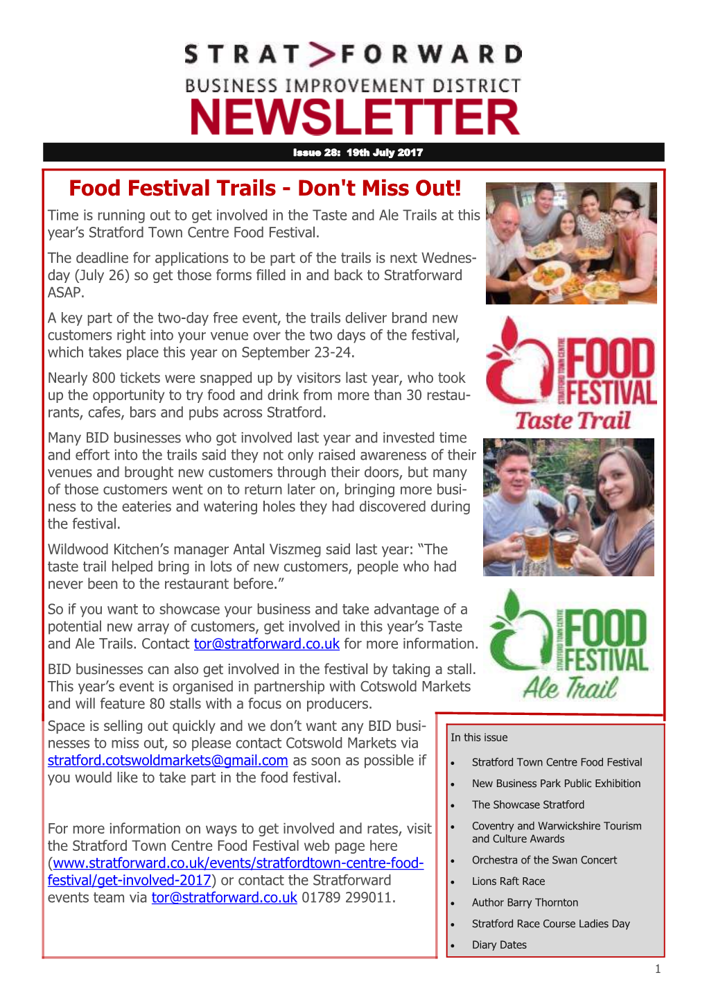 Food Festival Trails - Don't Miss Out! Time Is Running out to Get Involved in the Taste and Ale Trails at This Year’S Stratford Town Centre Food Festival