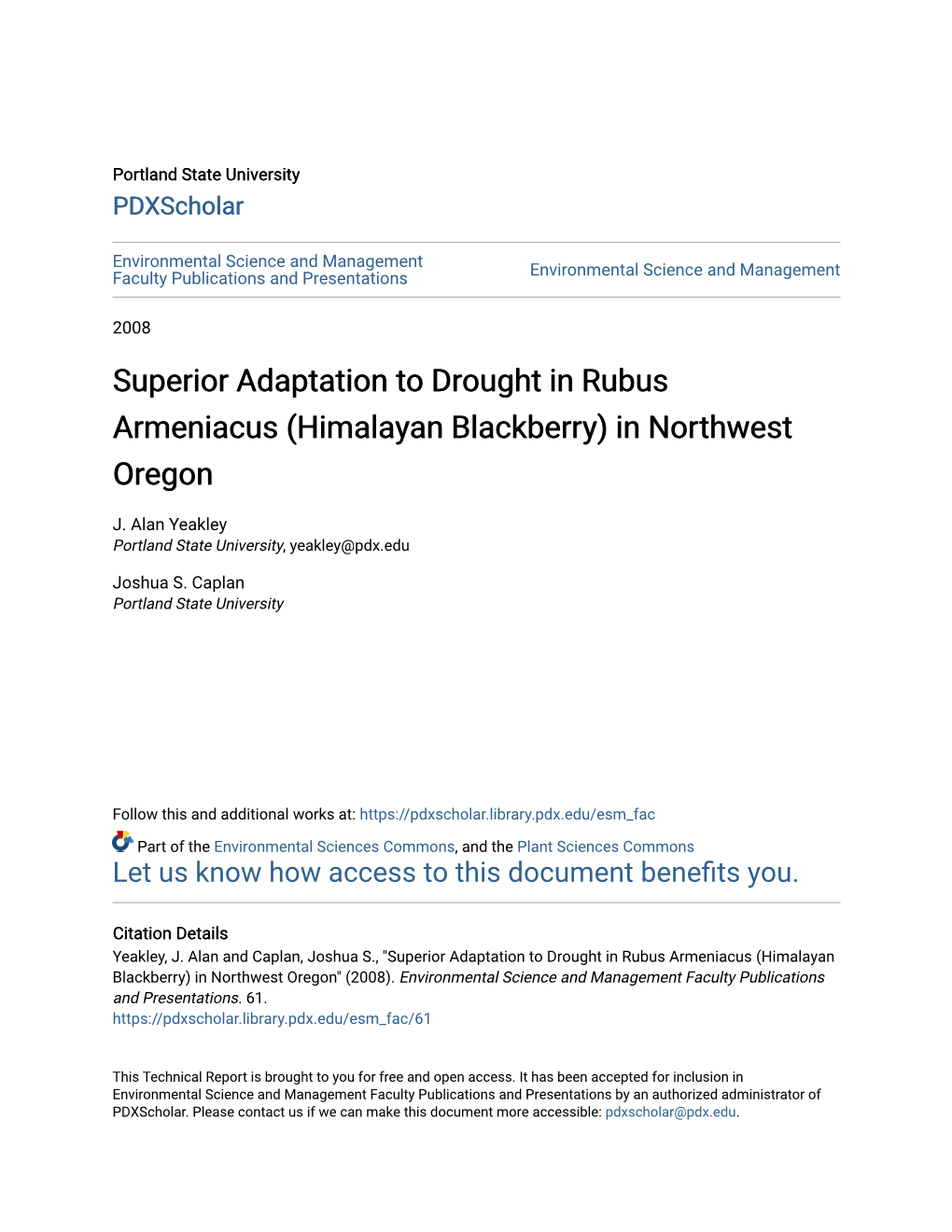 Superior Adaptation to Drought in Rubus Armeniacus (Himalayan Blackberry) in Northwest Oregon