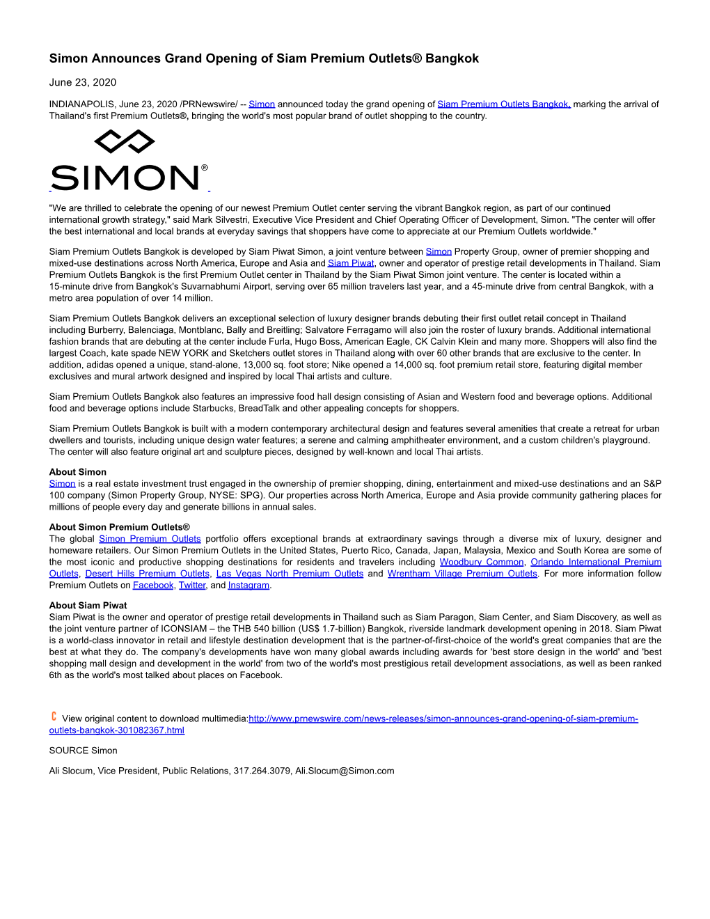 Simon Announces Grand Opening of Siam Premium Outlets® Bangkok